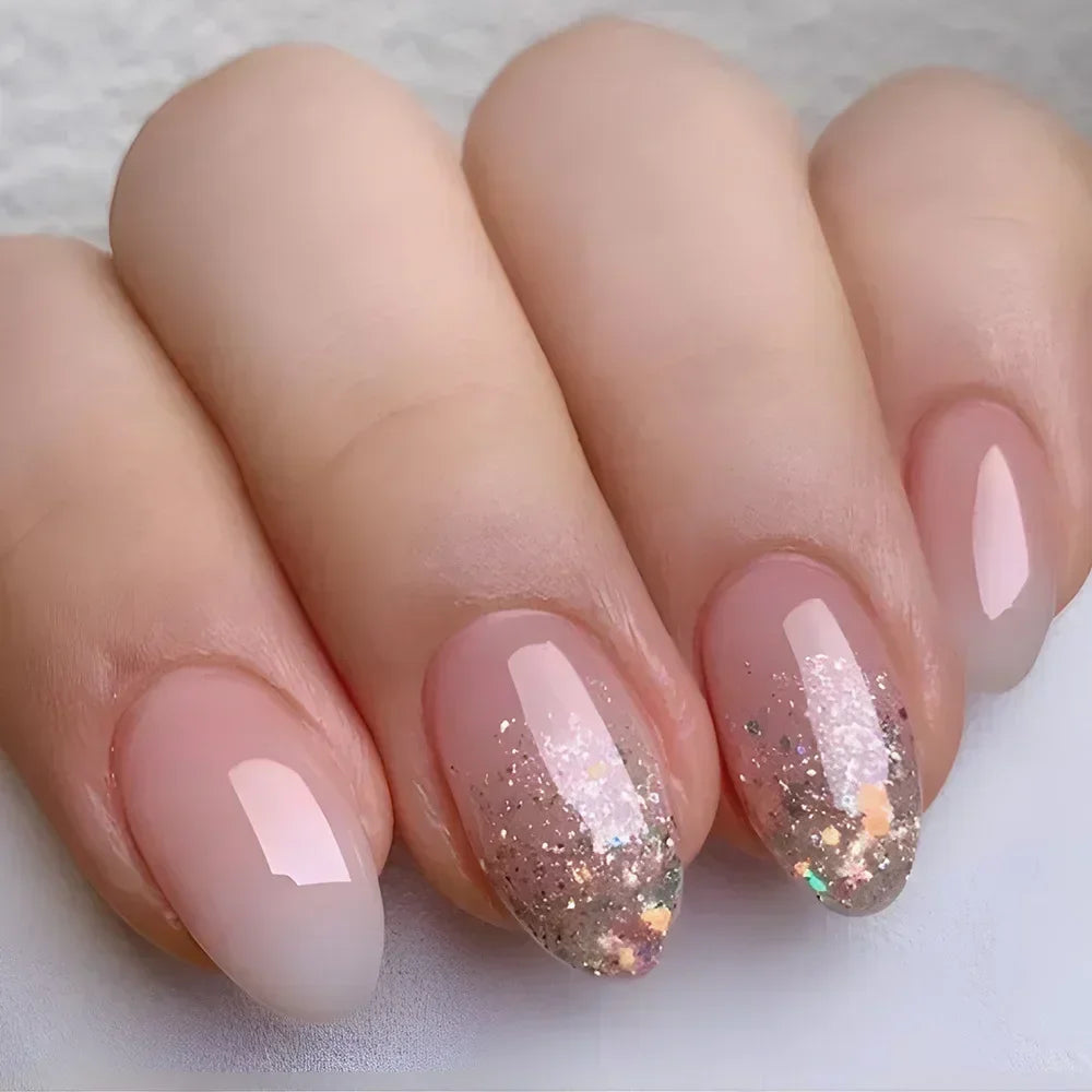 24Pcs Almond Fake Nails with Shimmery Powder