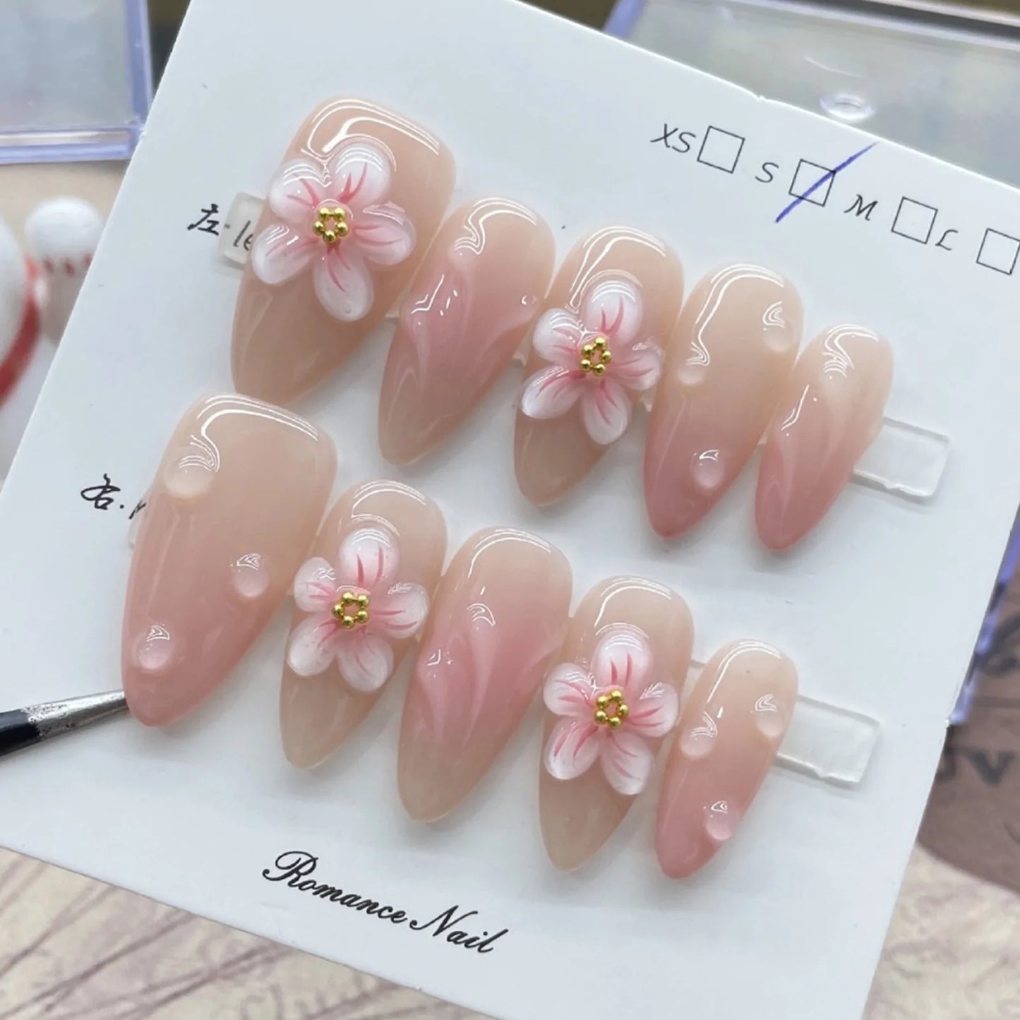 10PCS Handmade Almond Fake Nails With Carved 3D Floral Cat Eyes Pearl Brown Fake Nails Long Oval False Nail Wearable