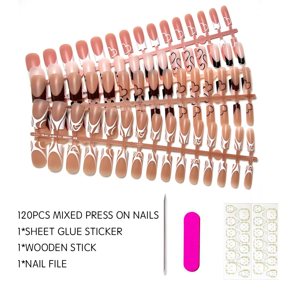 120pcs Medium Square French Press on Nail Brown Pink Base Colors Matte Fake Gel Nail Tips Fit Woman Girls Acrylic False Nails