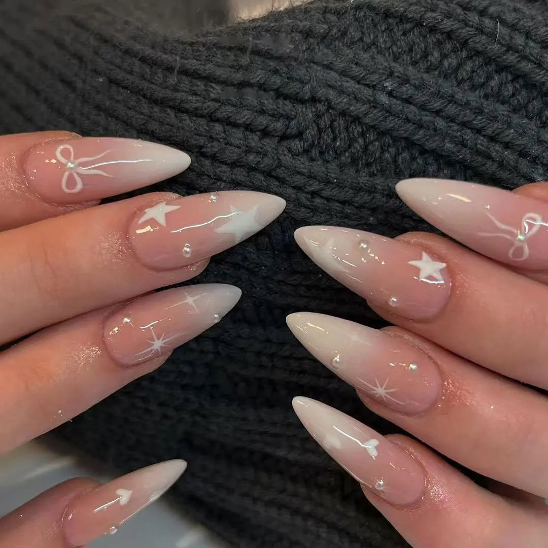 White French Press on Nails 3D Bowknot Fake Nails