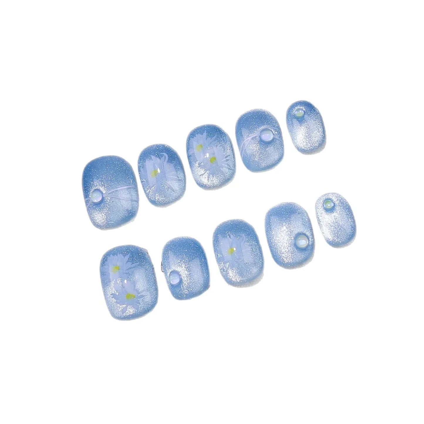 Handmade Press-On Nails Blue Glossy Fish & Bubbles Design