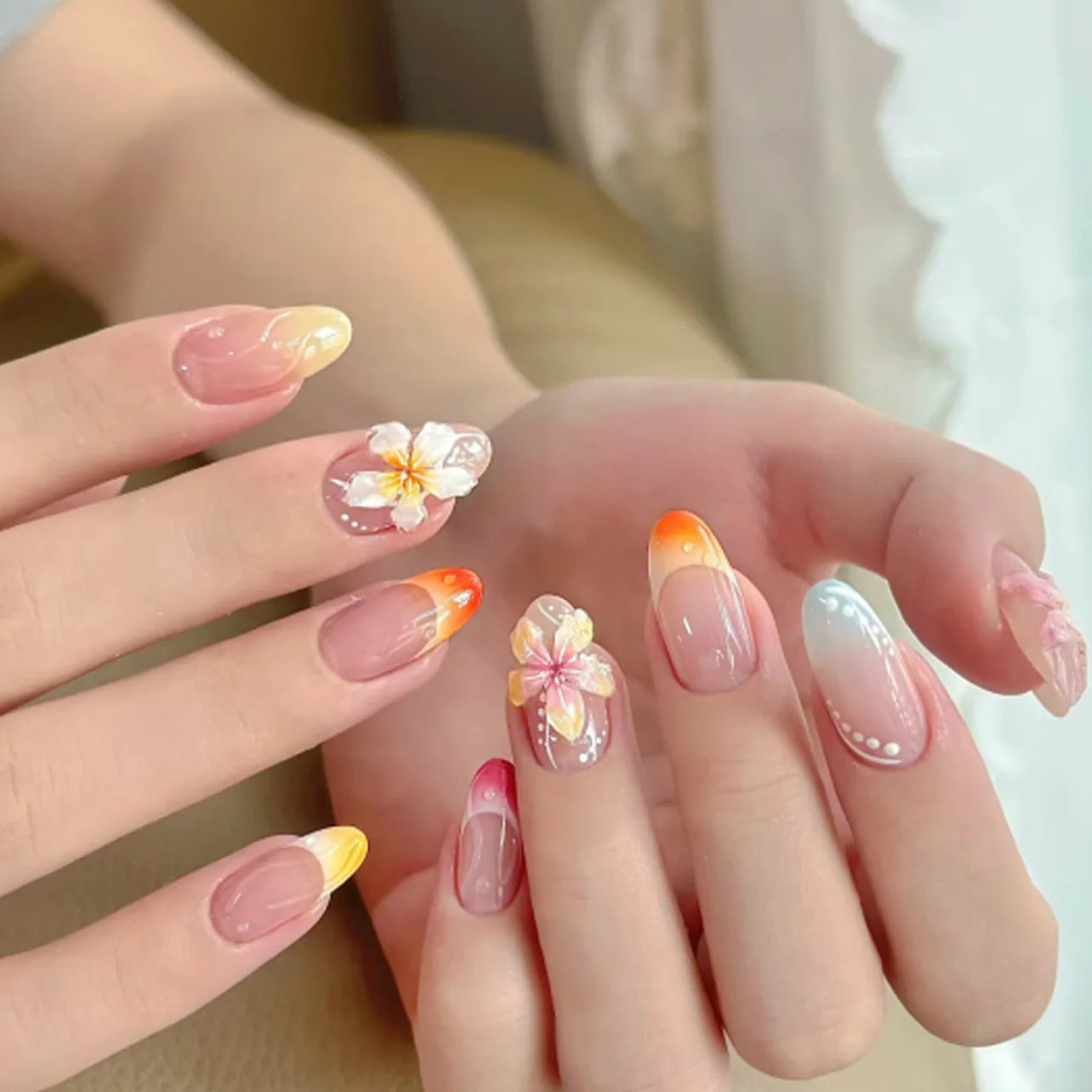 24pcs Flower Almond Press on Nails