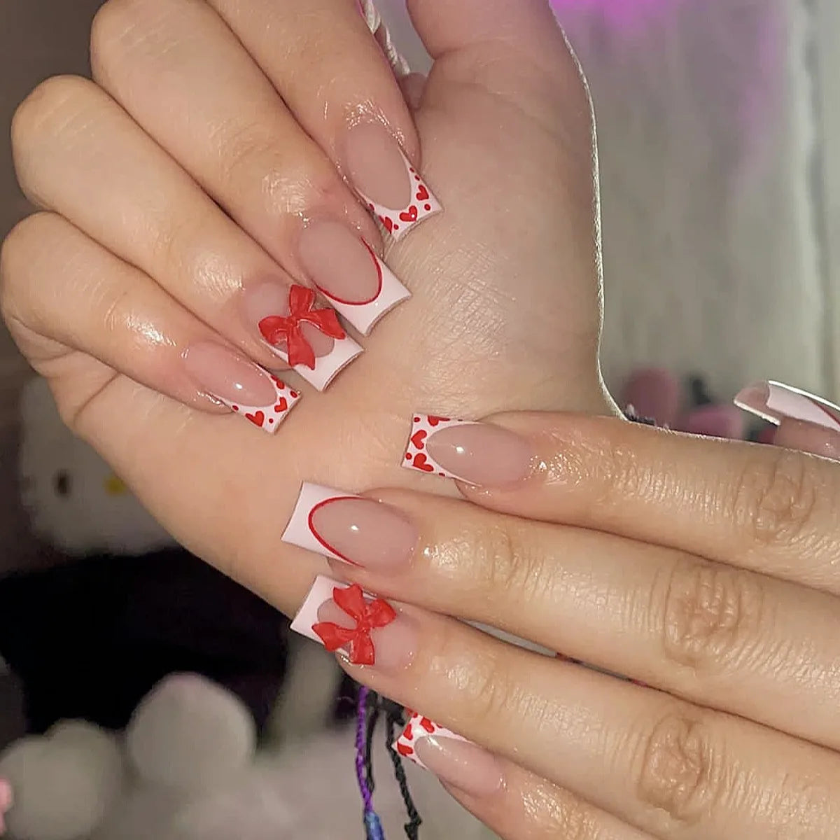 24Pcs Pink French Style Fake Nails 3D Bowknot