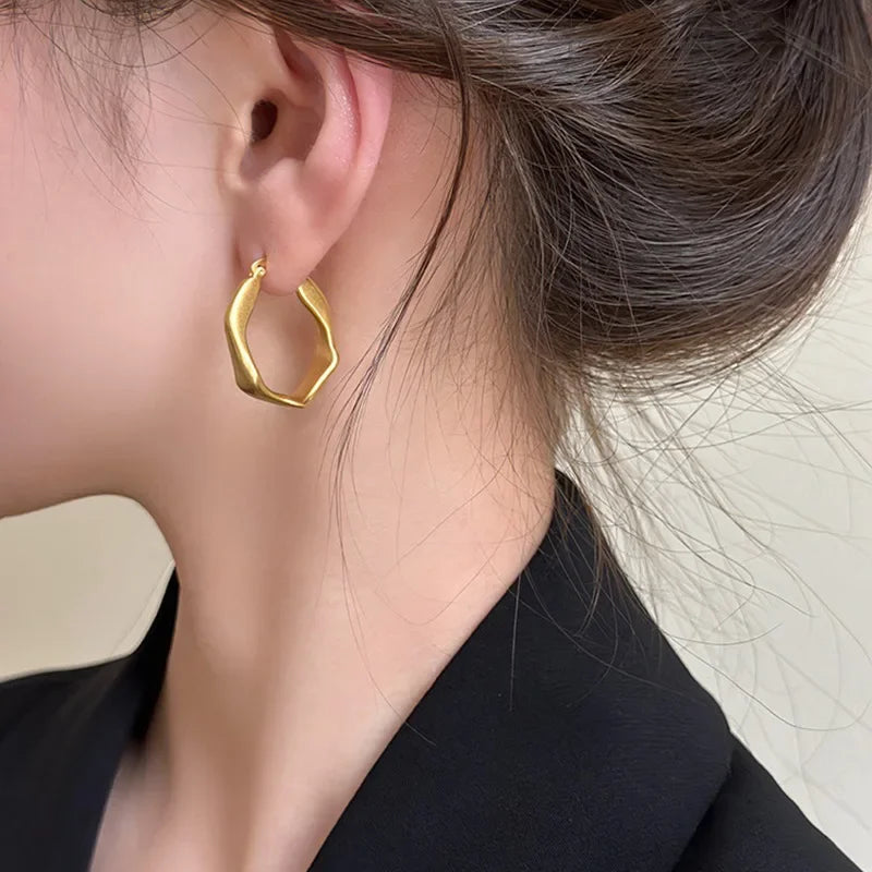 Simple Golden Metal Style Matte Hexagon Earrings