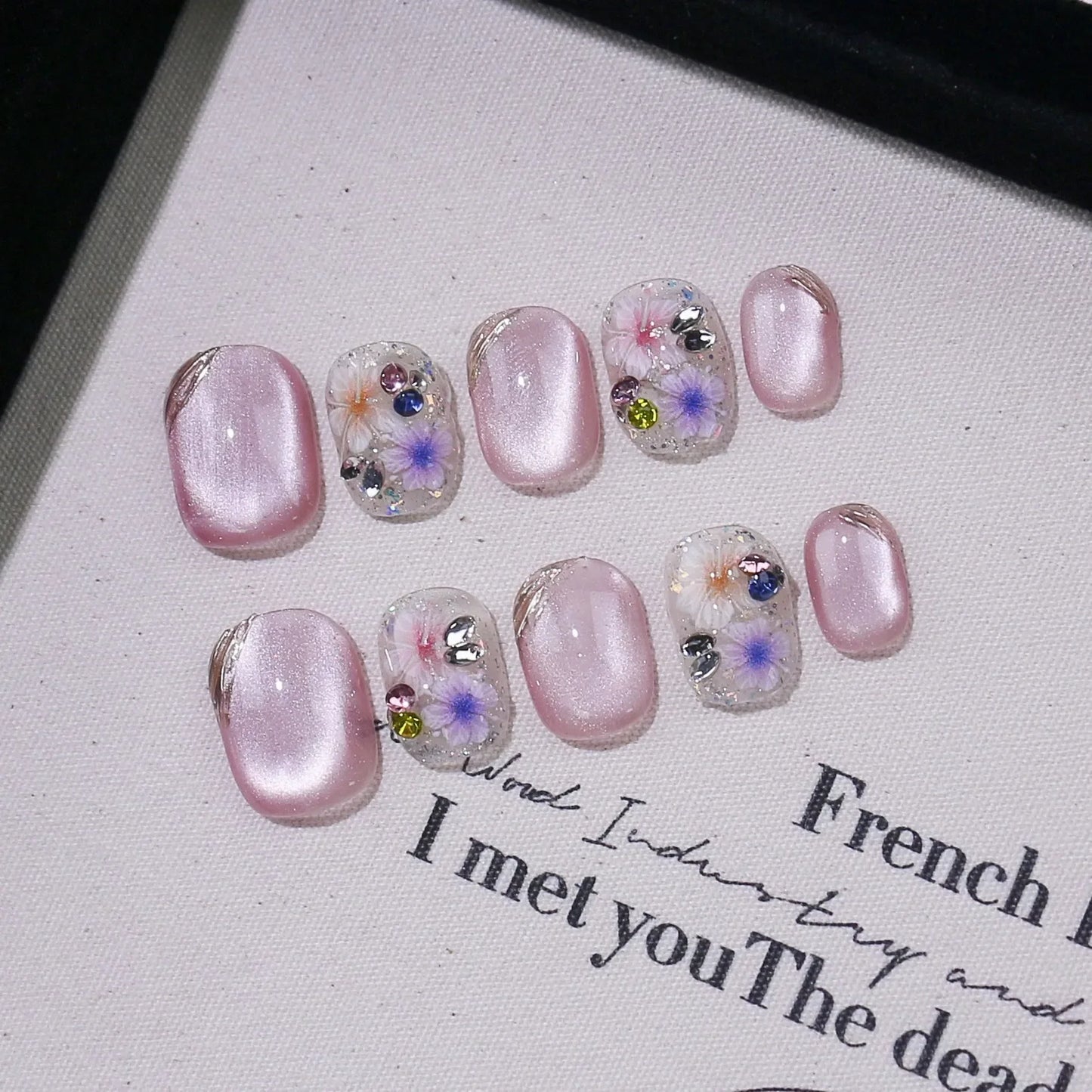 Handmade Press-On Nails Blue Glossy Fish & Bubbles Design