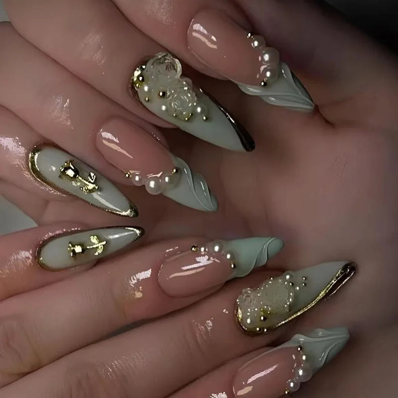 Blue Almond Press on Nails with 3D Pearl Design Mid-length Oval False Nails Tips Bow Pattern Wearable Fake Nail for Women