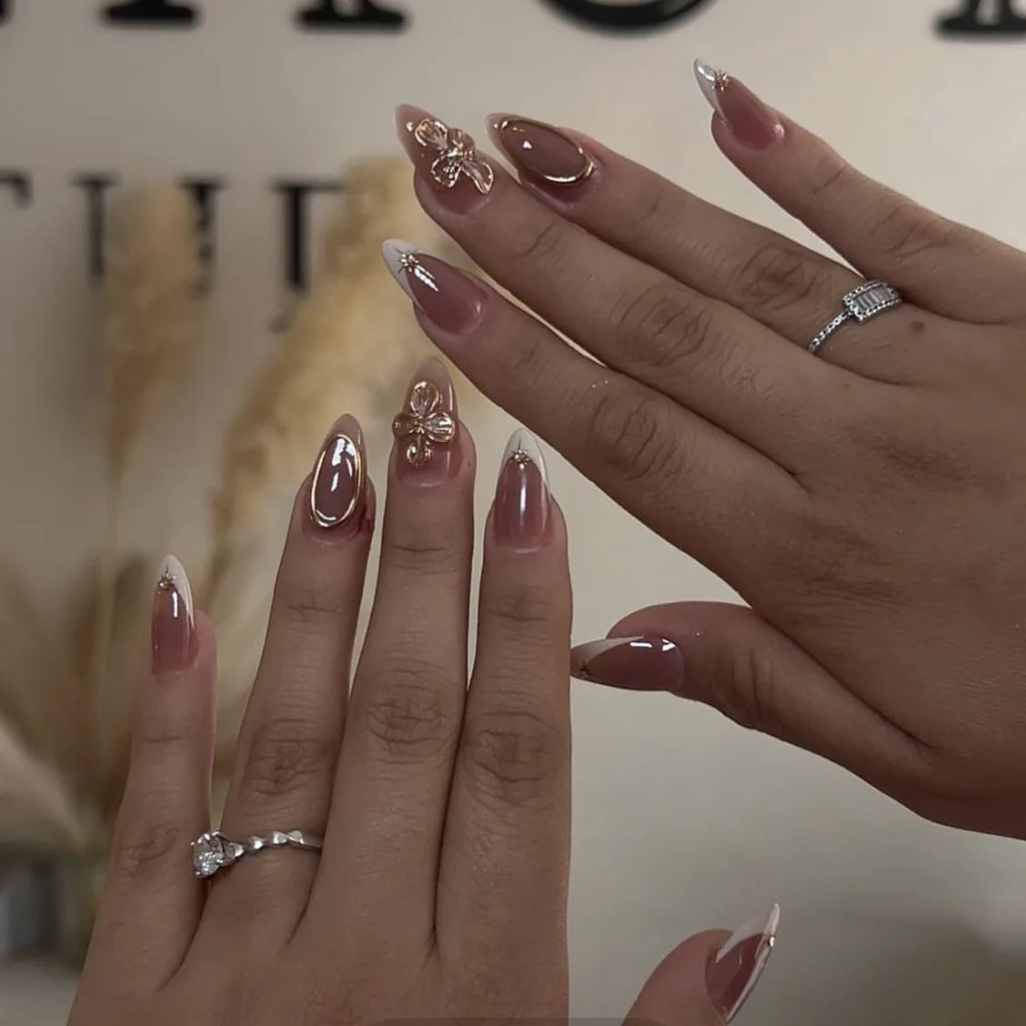 Gentle Nude Pink Press on Nails with 3D Flower