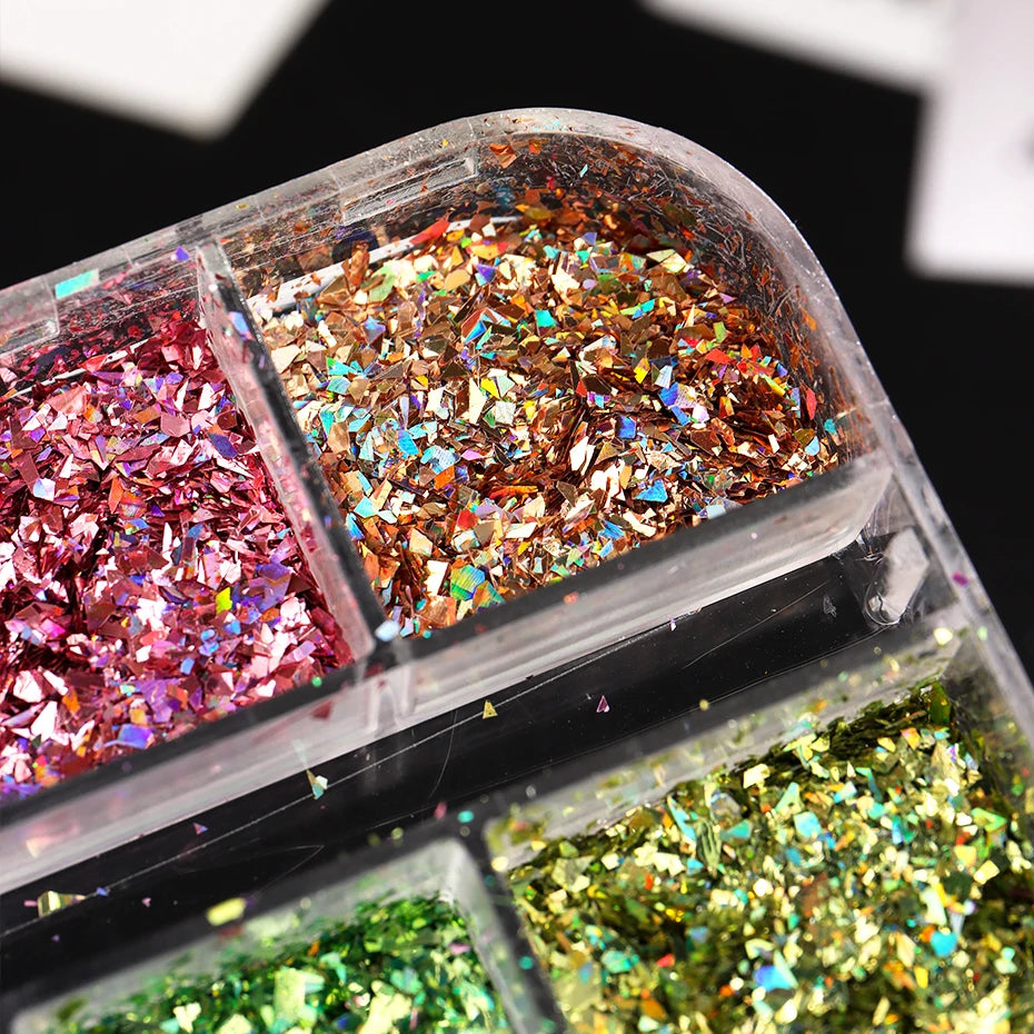 12 Grids Holographic Glitter Nail Art Sequins