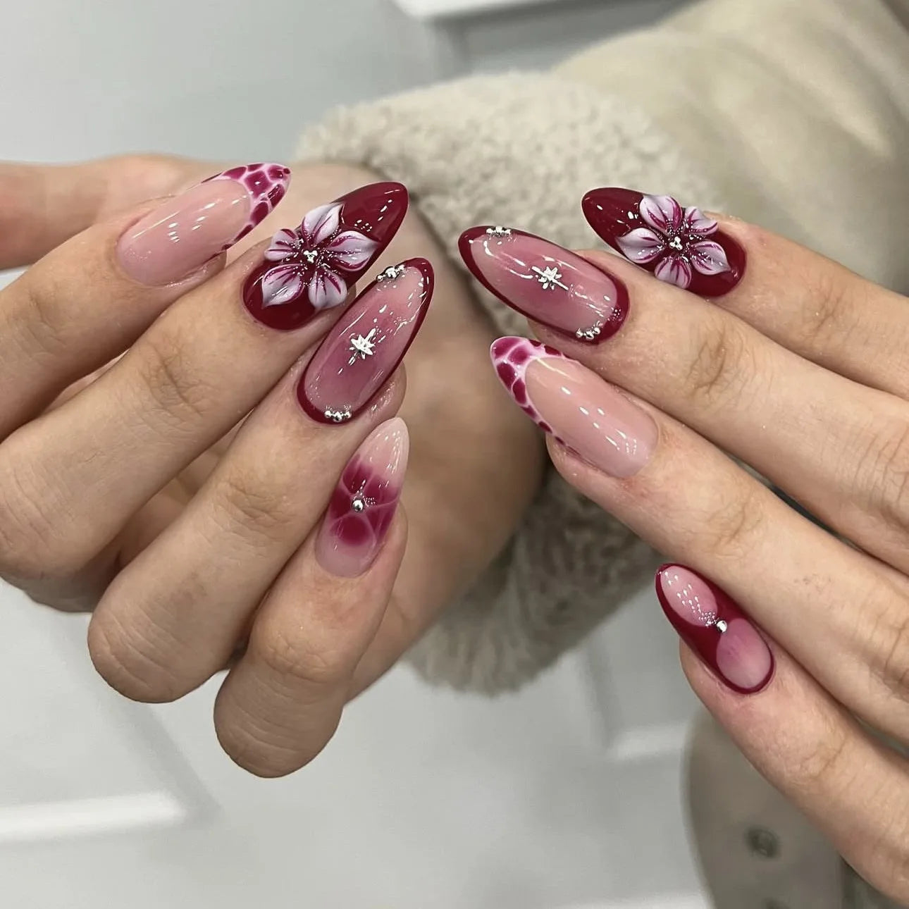 Gentle Nude Pink Press on Nails with 3D Flower