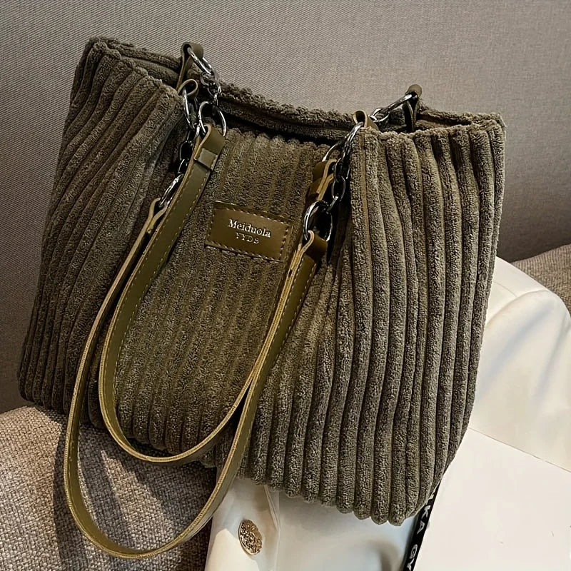Stylish Corduroy Tote Bag for Women, Large Capacity Plush Shoulder Bag