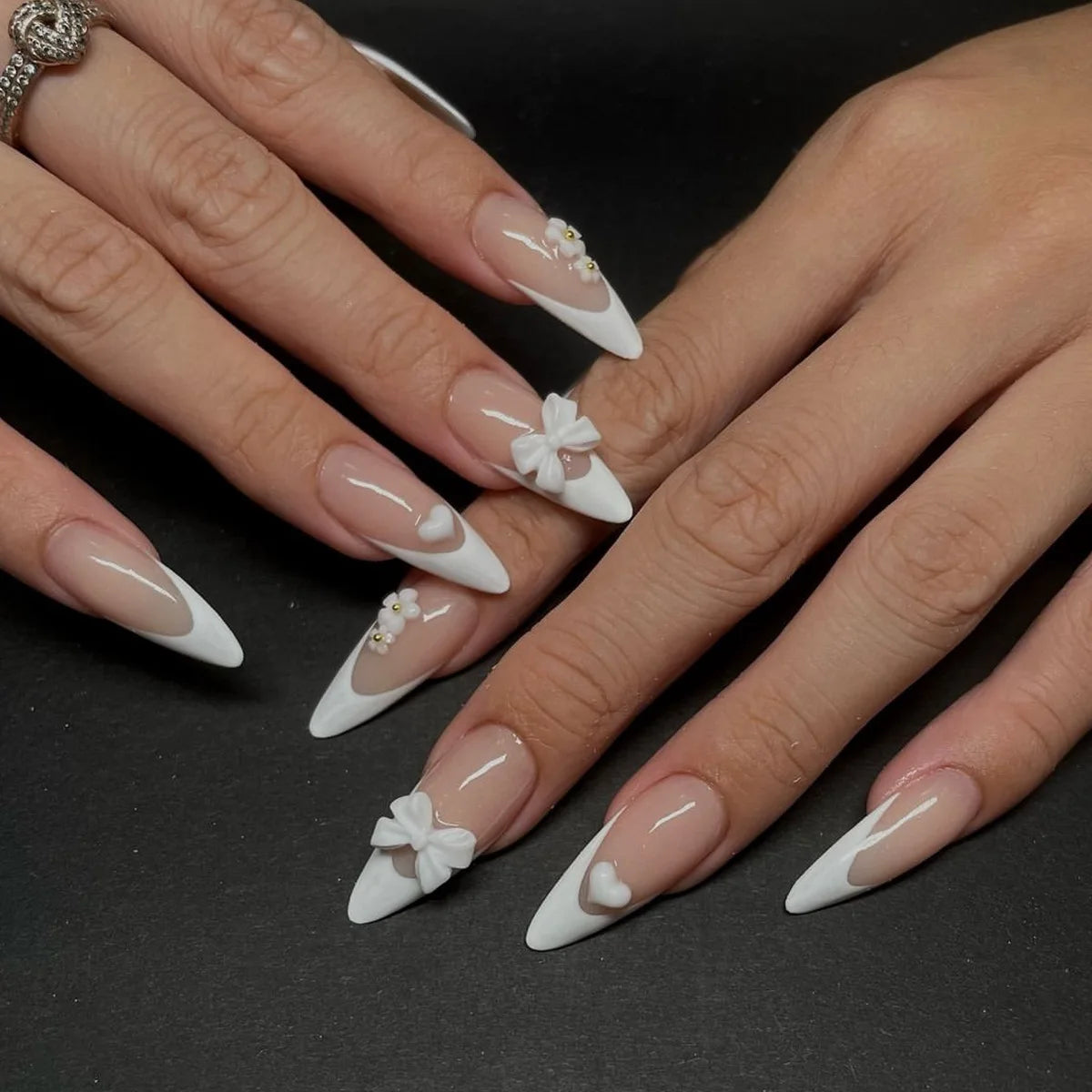 White French Press on Nails 3D Bowknot Fake Nails