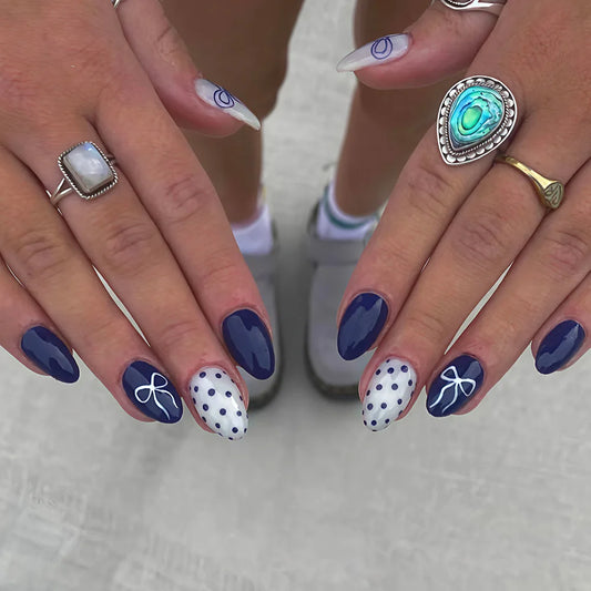 24-Pcs Fake Nails Short Rounded Deep Blue with Butterfly Polka Dots