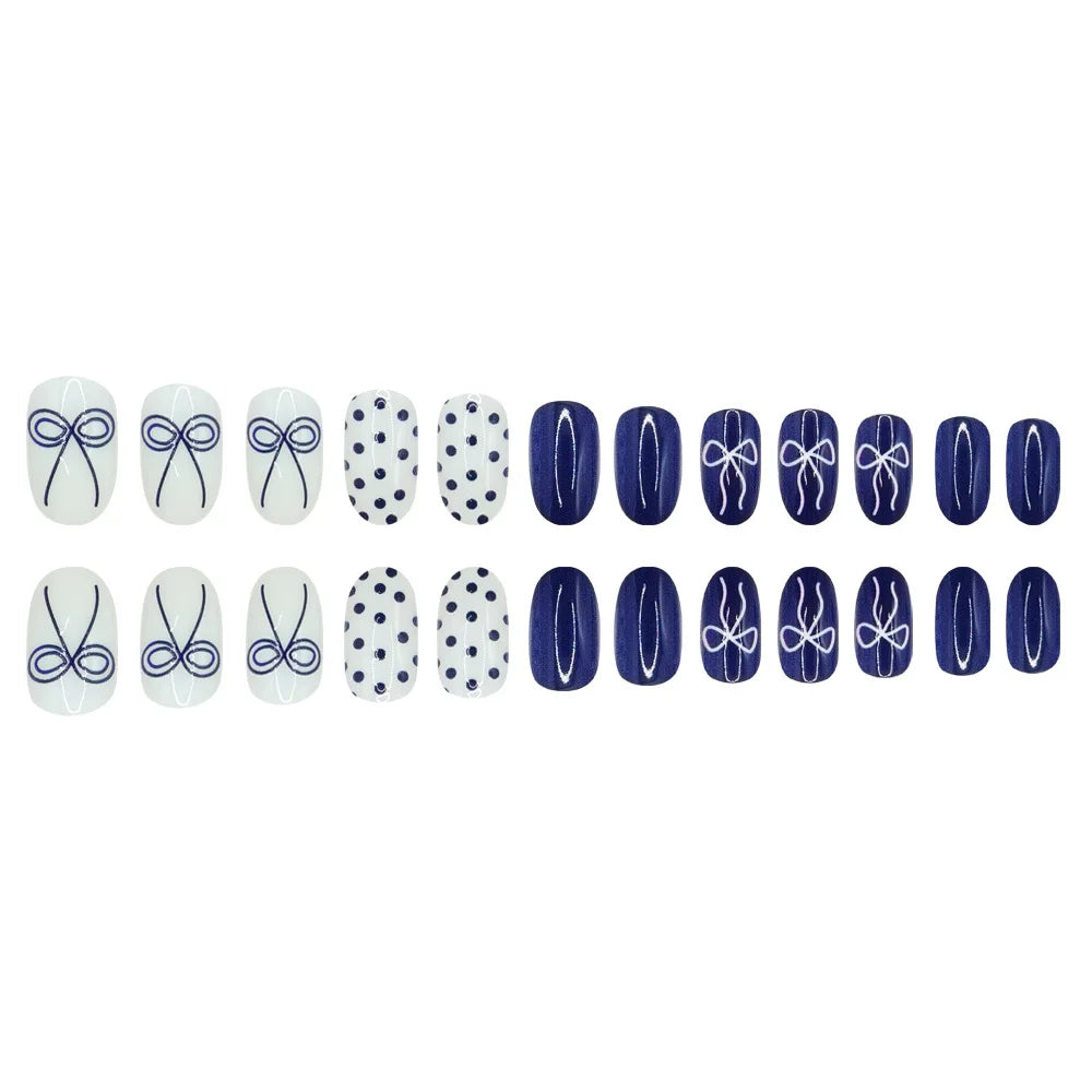 24-Pcs Fake Nails Short Rounded Deep Blue with Butterfly Polka Dots