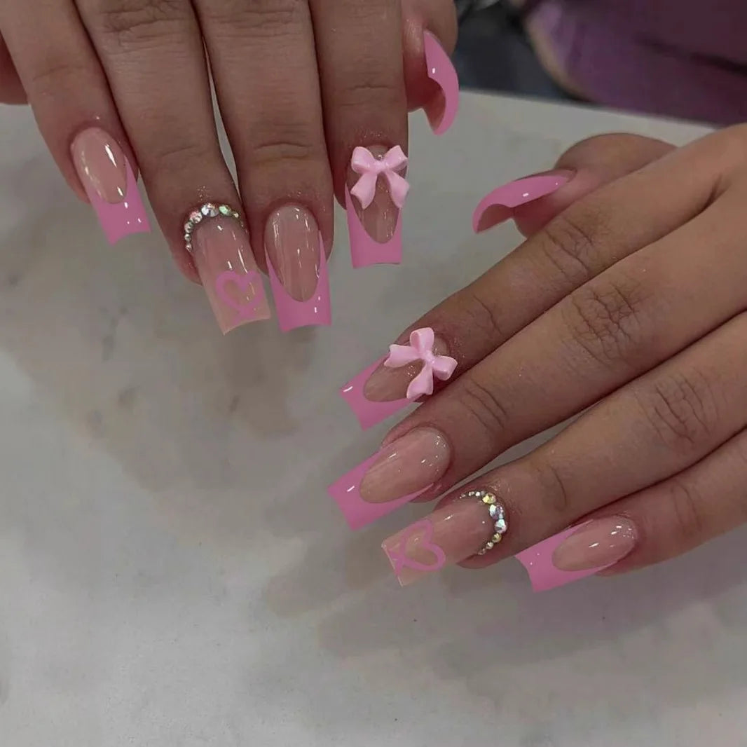 White French Press on Nails 3D Bowknot Fake Nails
