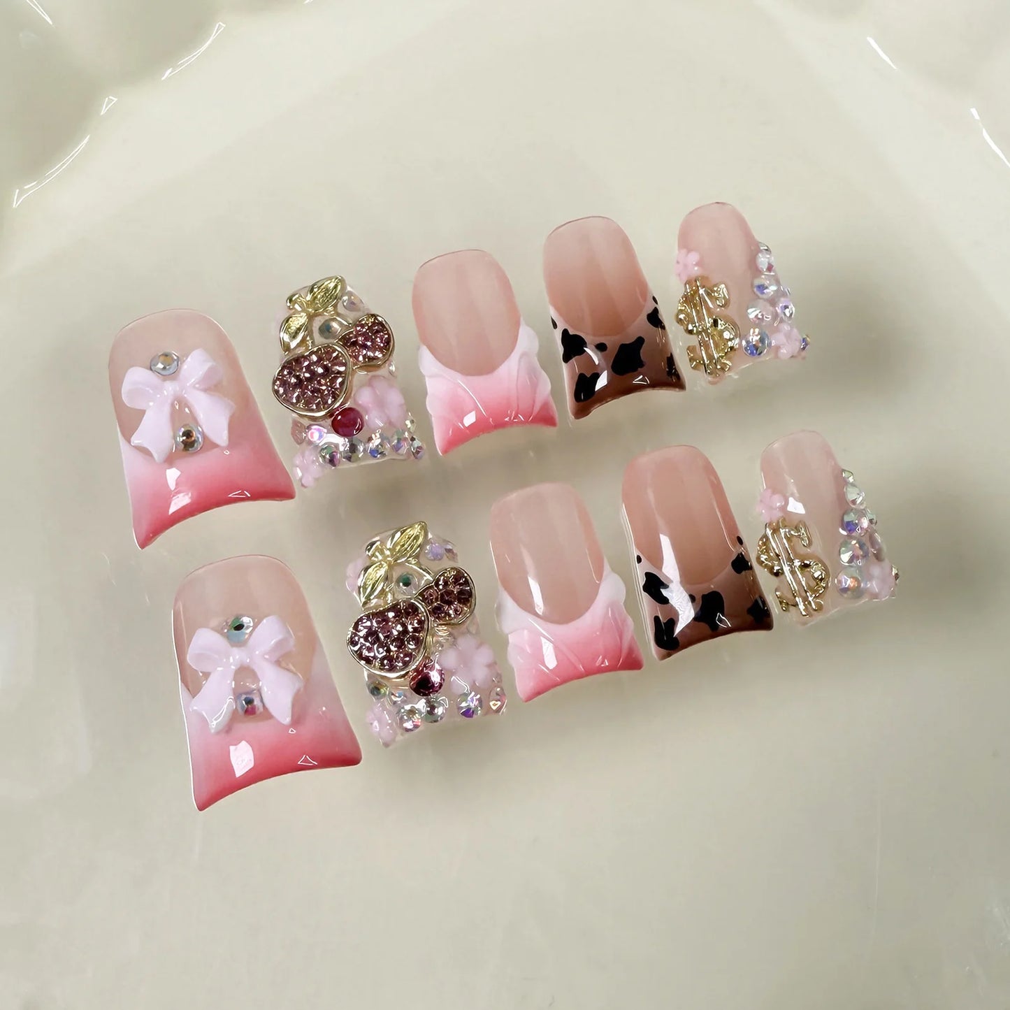 10pcs Handmade Fake Nails Duckbill Shaped Press On Nails Colorful Leopard-print French False Nails With 3D Carved Flower Designs