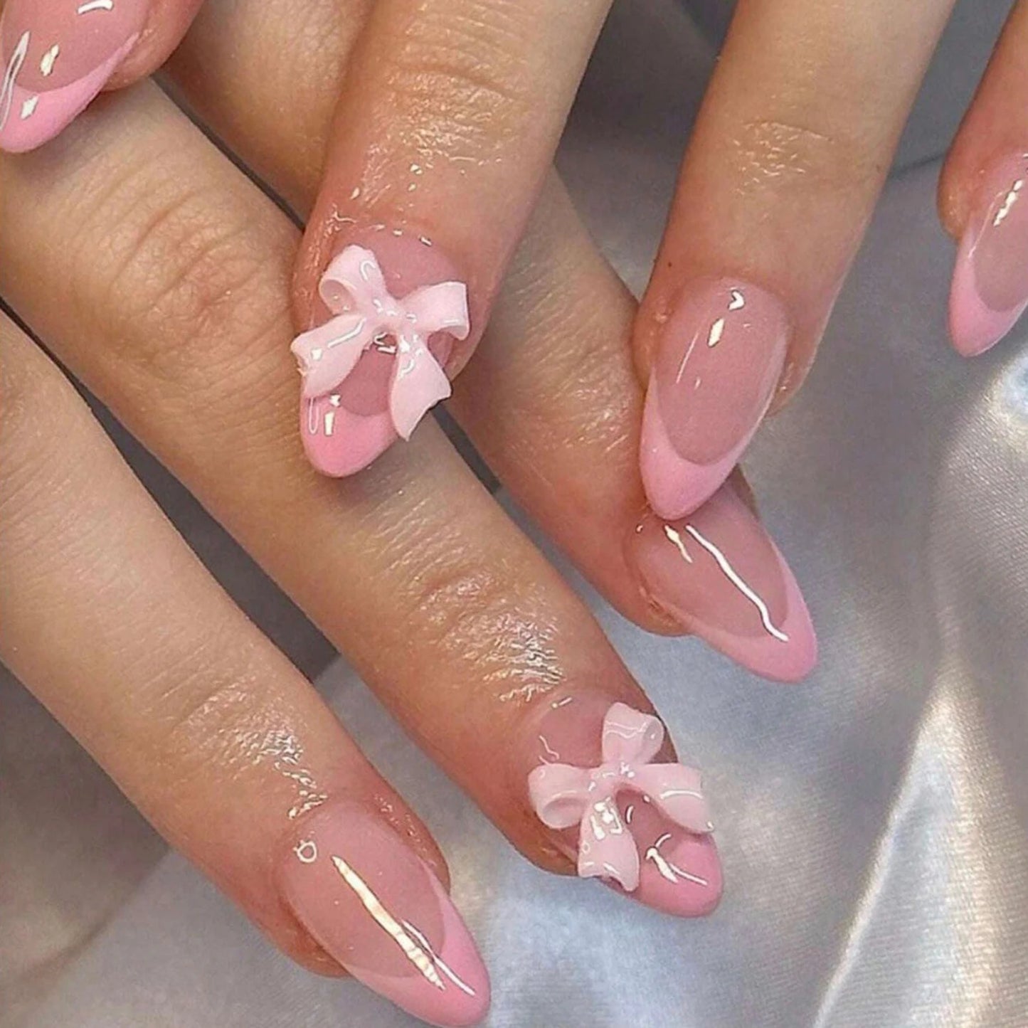 White French Press on Nails 3D Bowknot Fake Nails