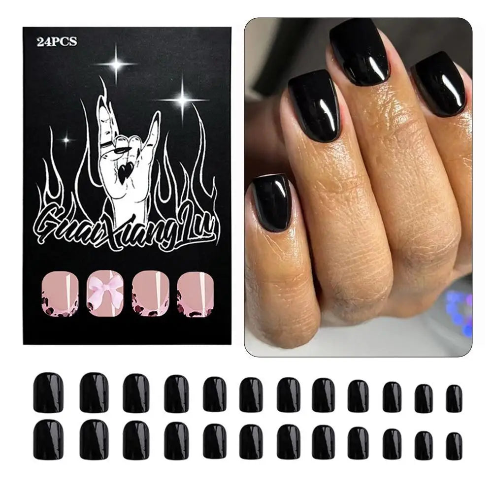 24pcs Black Square Press on Nails Medium Long Fake Nails