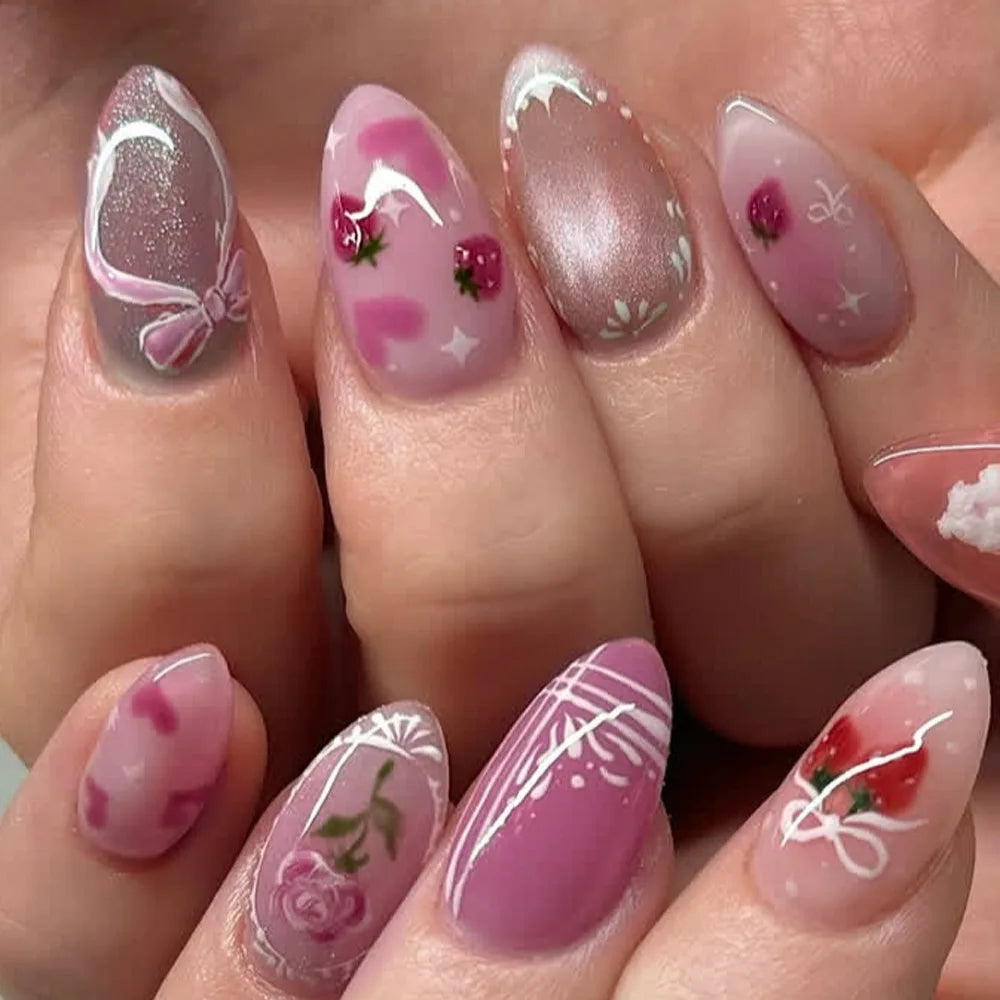 Gentle Nude Pink Press on Nails with 3D Flower