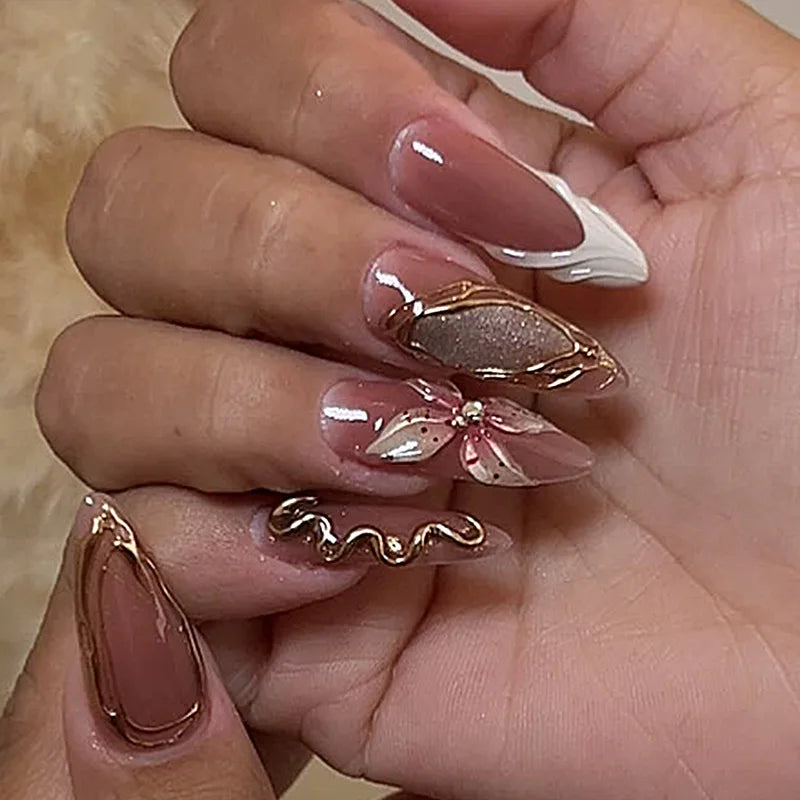 Gentle Nude Pink Press on Nails with 3D Flower