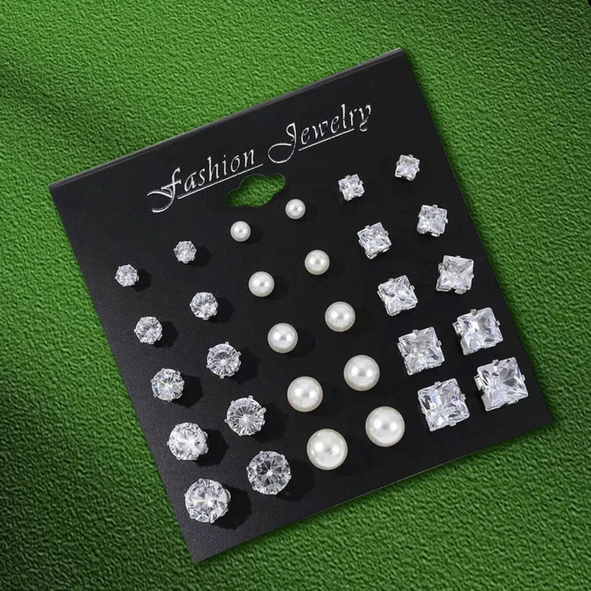 12 Pairs Set Stainless Steel Stud Earrings with Gemstone Buds