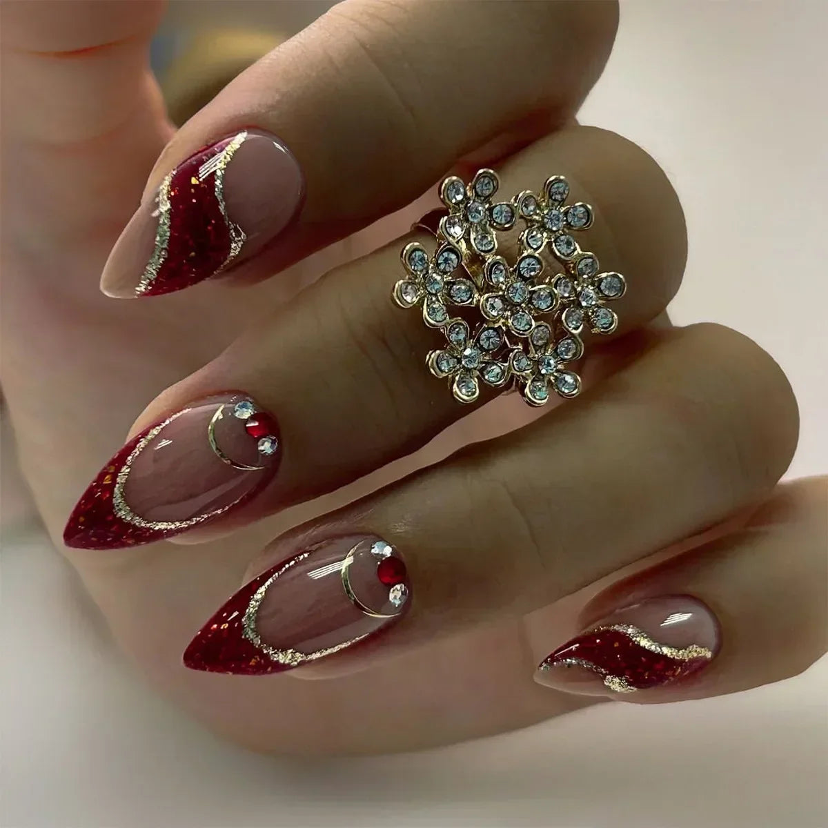24Pcs Almond Fake Nails with Shimmery Powder