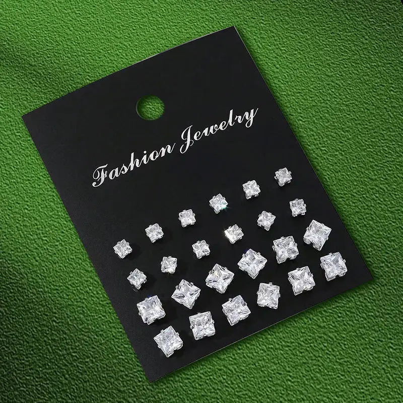 12 Pairs Set Stainless Steel Stud Earrings with Gemstone Buds