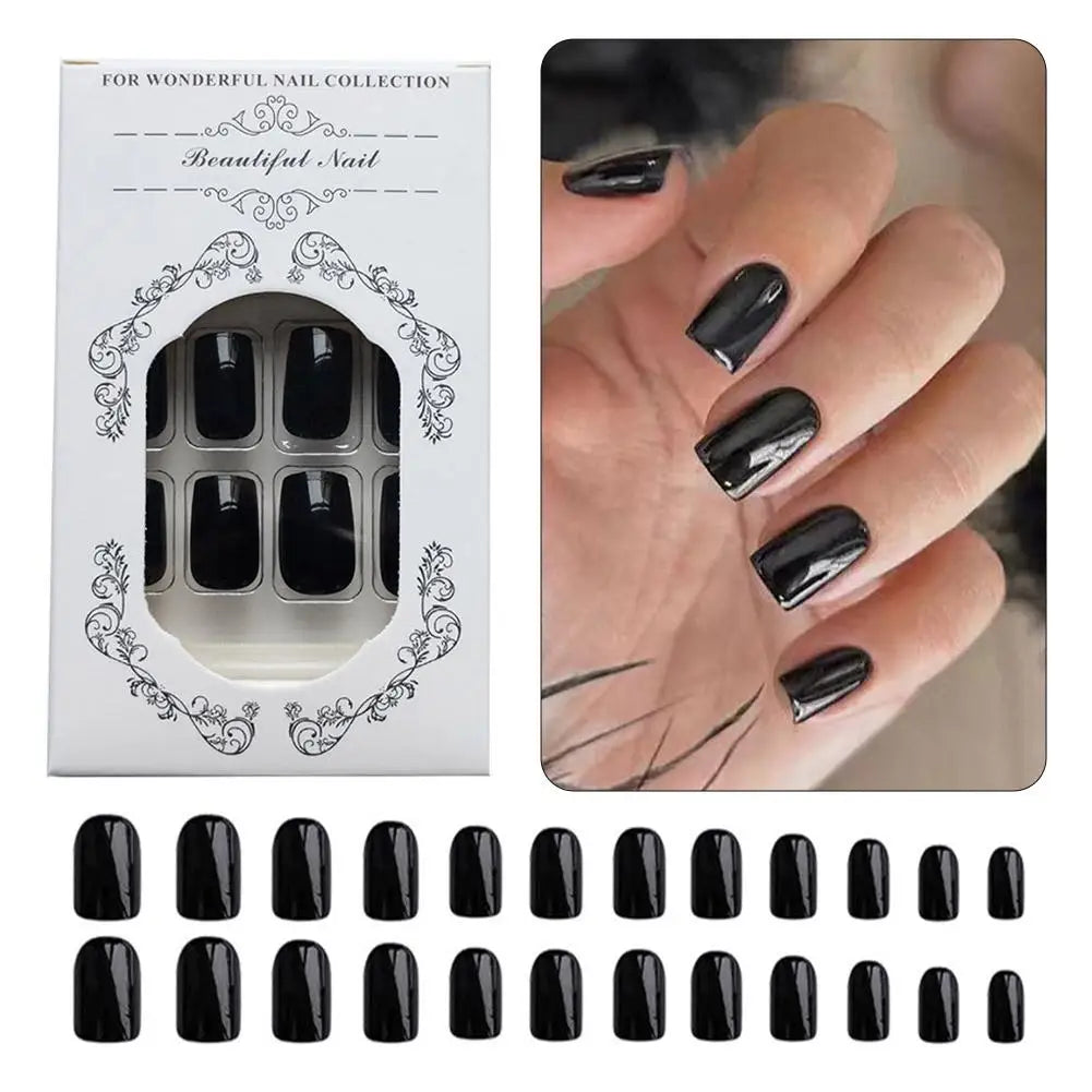 24pcs Black Square Press on Nails Medium Long Fake Nails