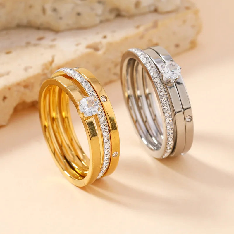 Luxury Stainless Steel Ring For Women Three-Piece Set