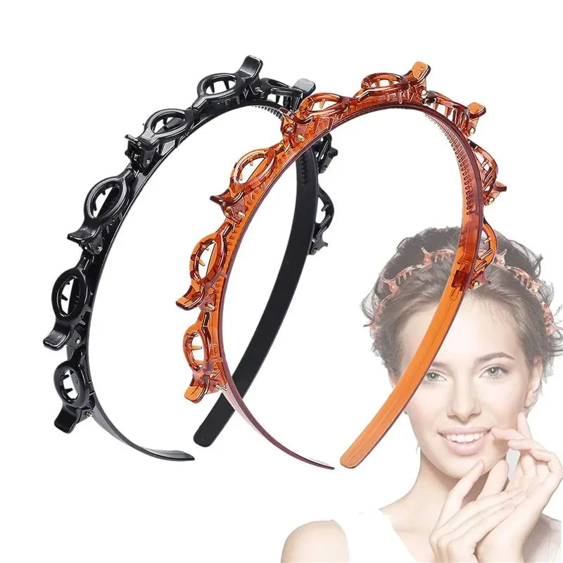 Fashion Women Girls Non-Slip Hair Bands With Clips Double Layer Headbands