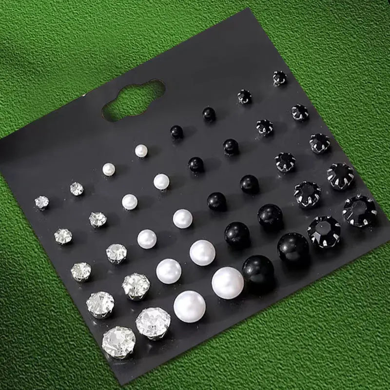 12 Pairs Set Stainless Steel Stud Earrings with Gemstone Buds