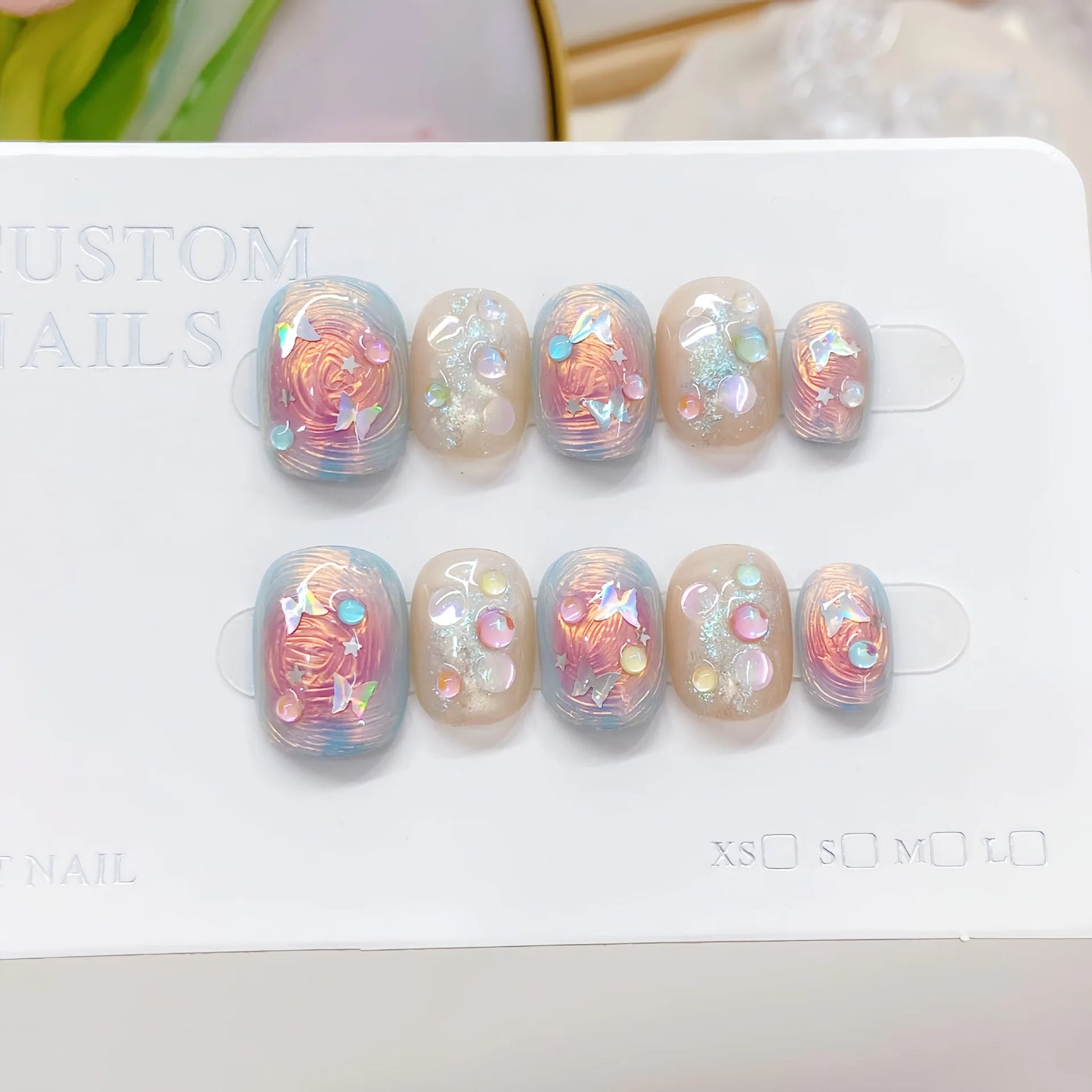Handmade Press-On Nails Blue Glossy Fish & Bubbles Design