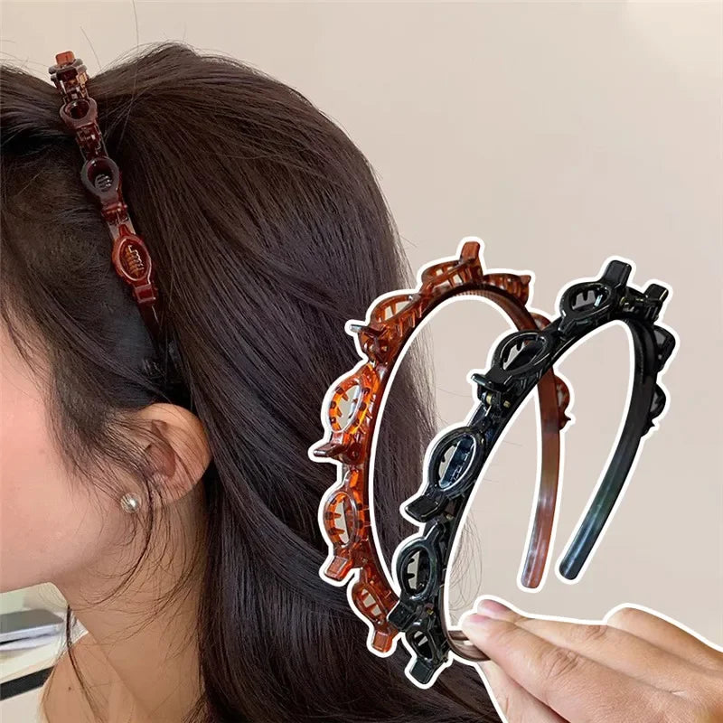 Fashion Women Girls Non-Slip Hair Bands With Clips Double Layer Headbands