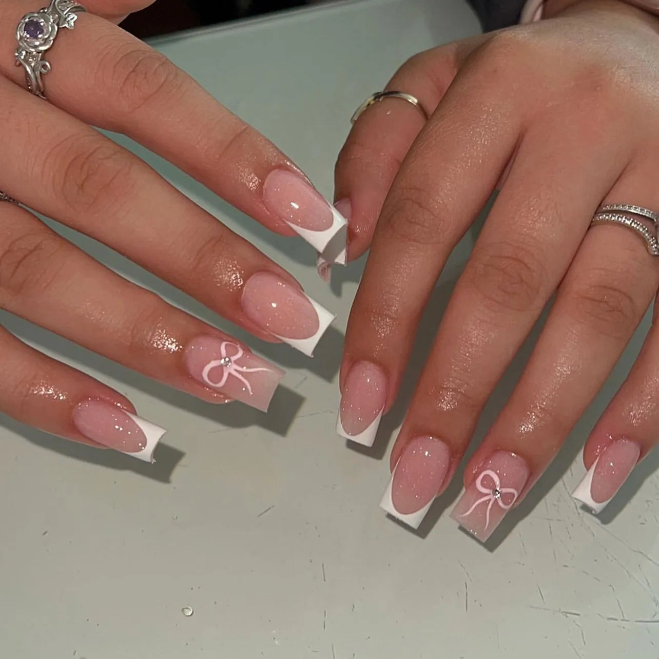 24Pcs Pink French Style Fake Nails 3D Bowknot