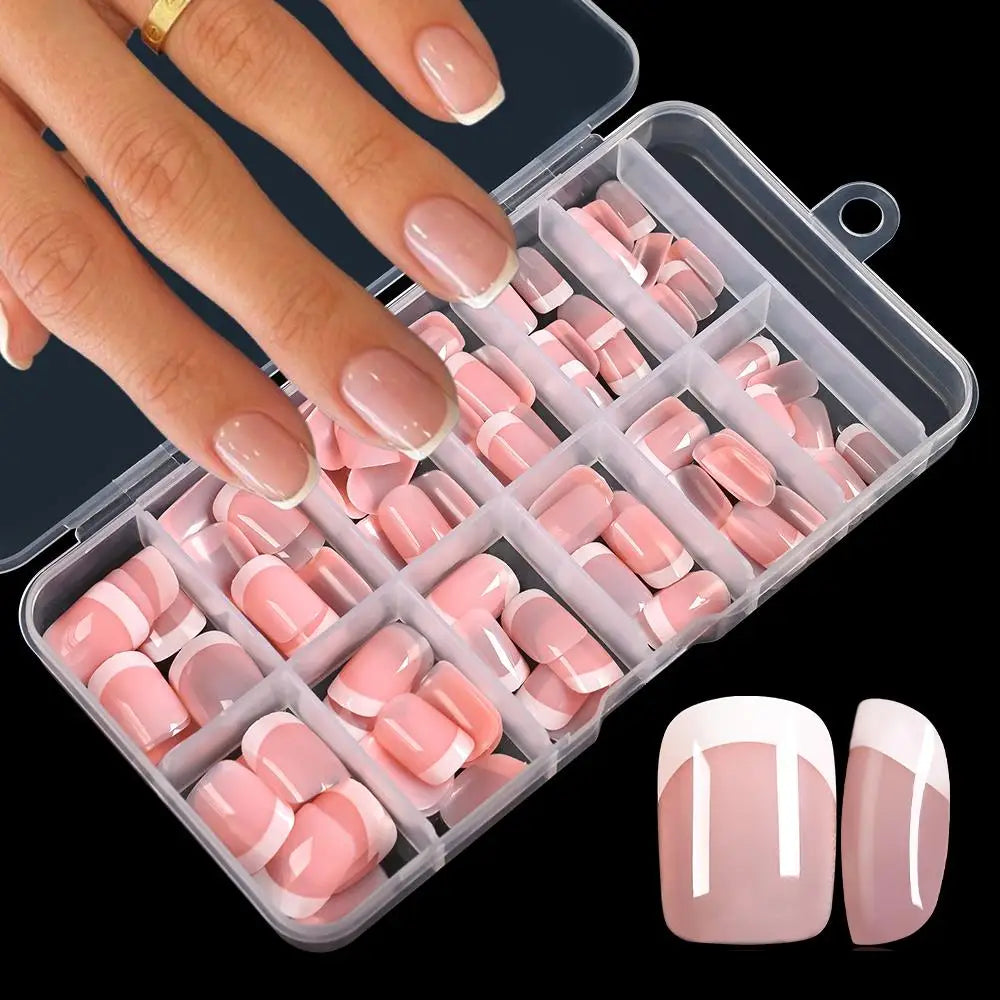 120Pcs Pink French Short Square Fake Nails
