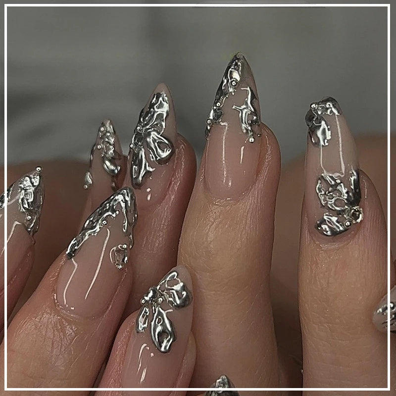 24Pcs Dark Press on Fake Nails with Black Glitter
