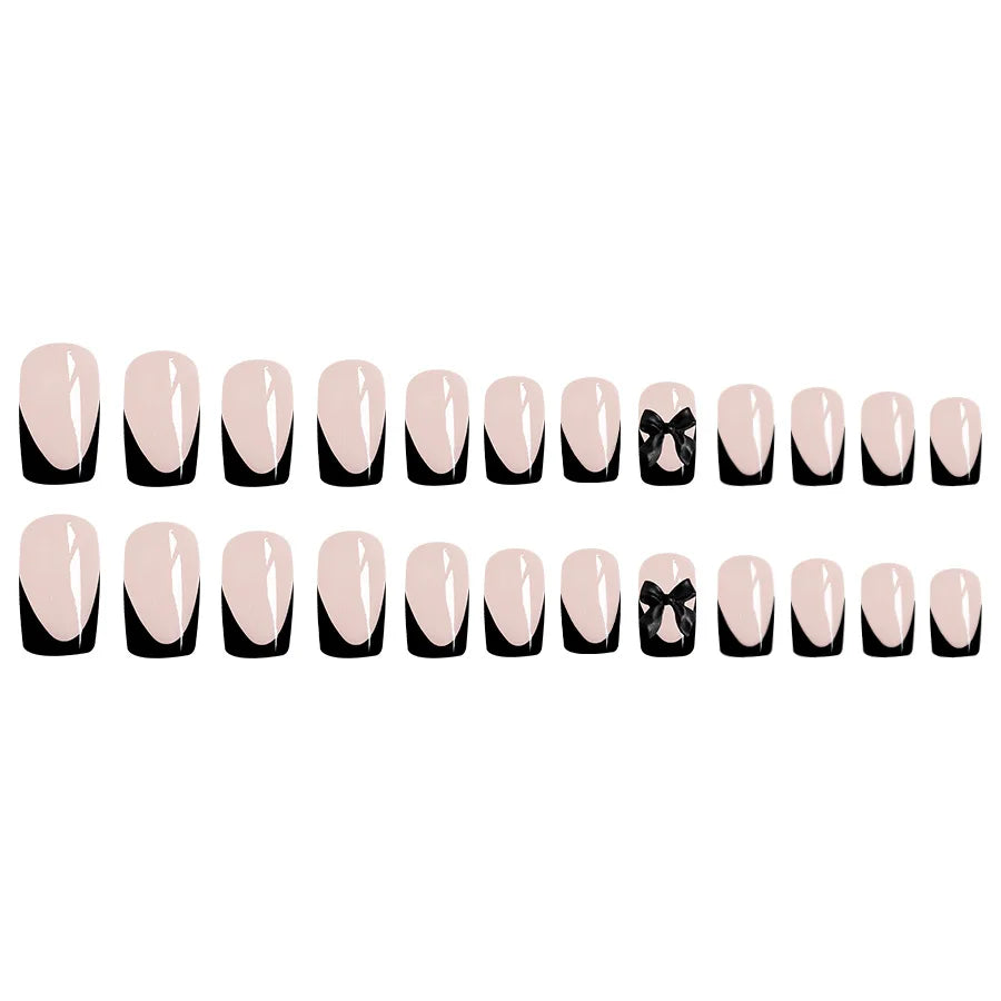 24pcs Press on Nails Short Almond Bowknot Black Press on Nails