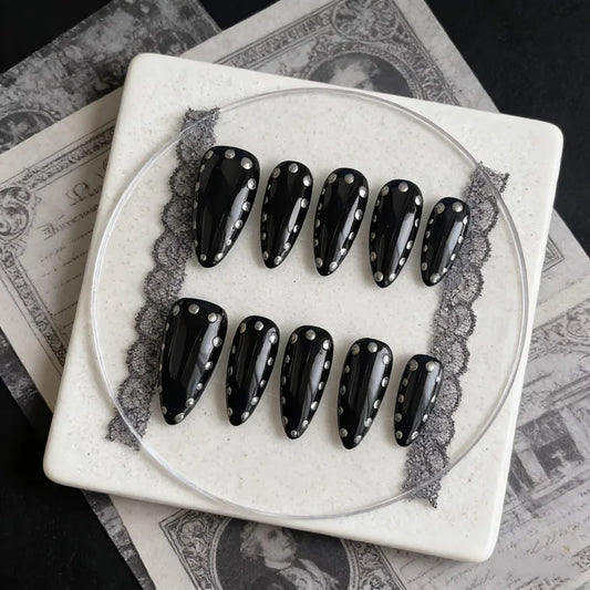 10PCS Black Handmade Press on Nails Rock-Chic Manicure Luxury Gothic Almond False Nails Artificial Resuable Elegance Press ons