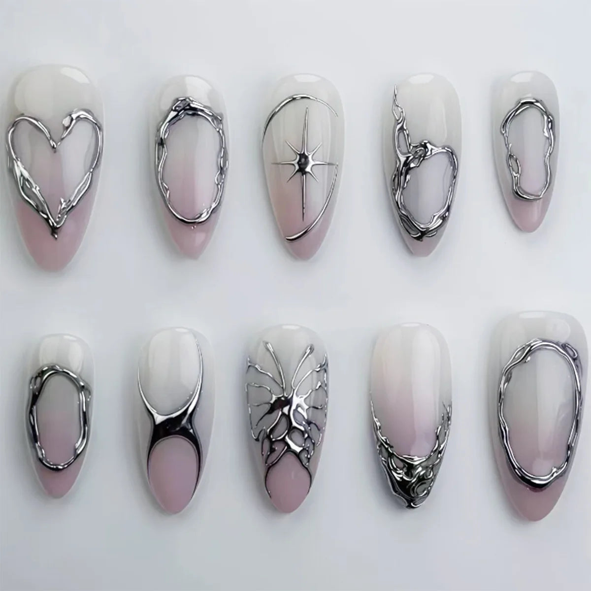 Blue Almond Press on Nails with 3D Pearl Design Mid-length Oval False Nails Tips Bow Pattern Wearable Fake Nail for Women