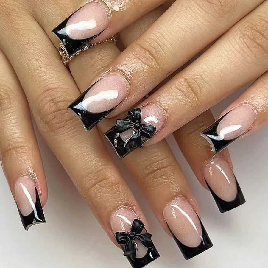 24Pcs Pink French Style Fake Nails 3D Bowknot