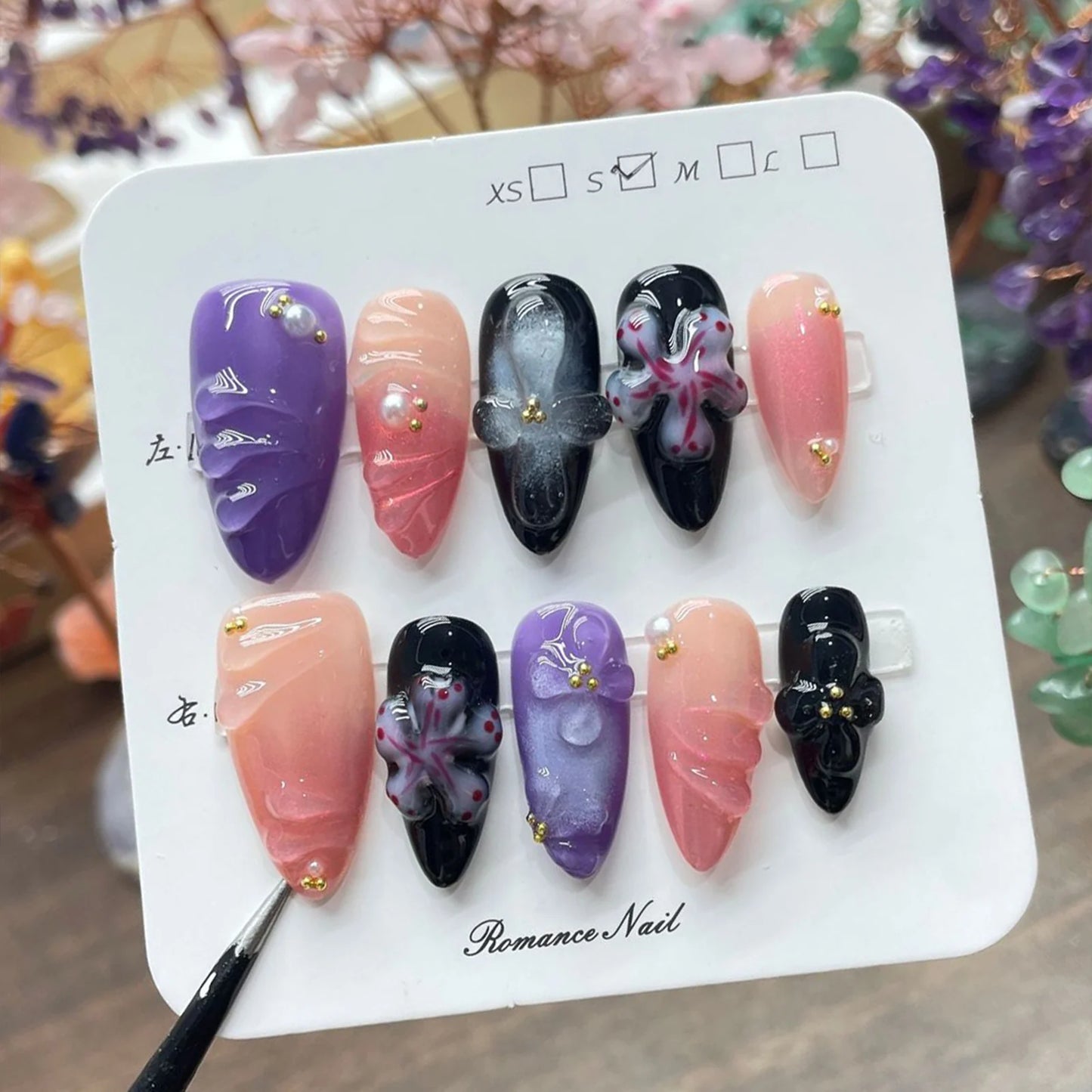 10PCS Handmade Almond Fake Nails With Carved 3D Floral Cat Eyes Pearl Brown Fake Nails Long Oval False Nail Wearable