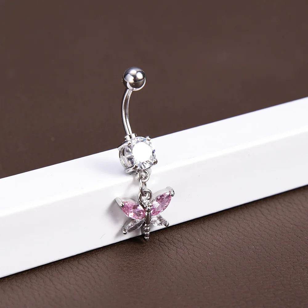 Steel Belly Button Rings Pink Crystal Piercing