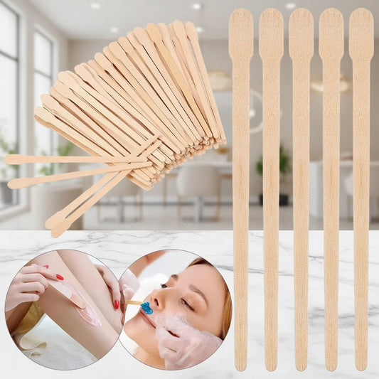 Set of wooden sticks with a close-up of a woman using them for skincare.