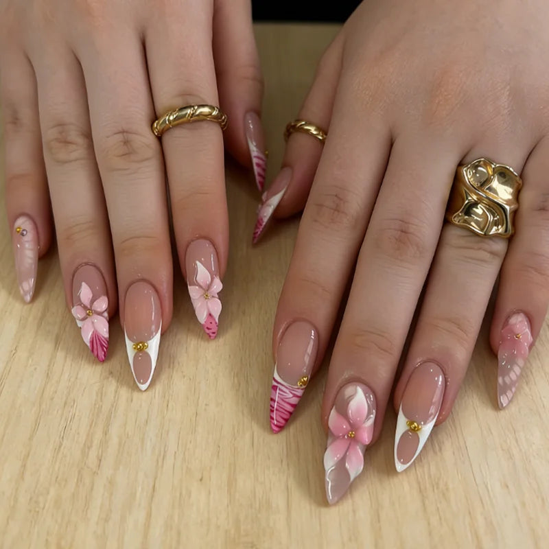 Gentle Nude Pink Press on Nails with 3D Flower