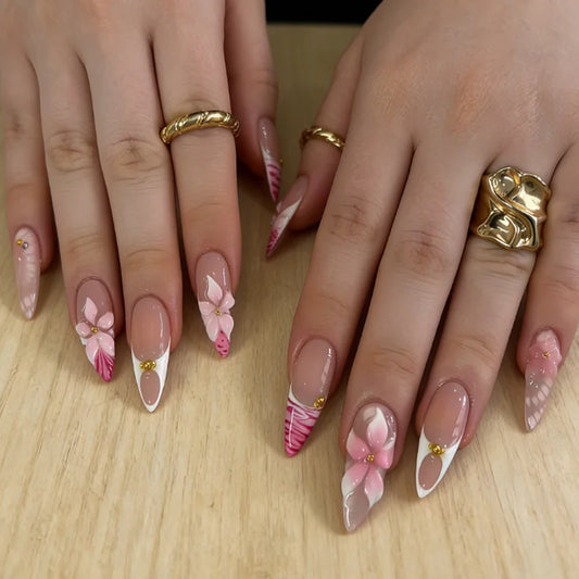 Gentle Nude Pink Press on Nails with 3D Flower