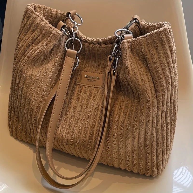 Stylish Corduroy Tote Bag for Women, Large Capacity Plush Shoulder Bag