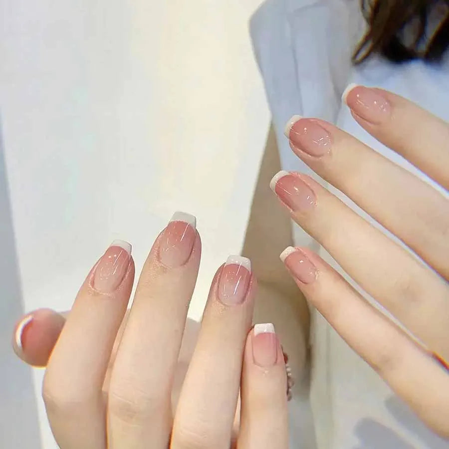 10pcs French White Fake Nails Light Pink Press on NailsFull Cover Short Square Ins Simple False Nails for Women and Girls Wear