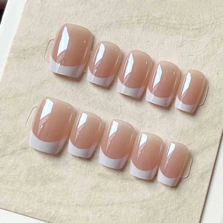 10pcs French White Fake Nails Light Pink Press on NailsFull Cover Short Square Ins Simple False Nails for Women and Girls Wear