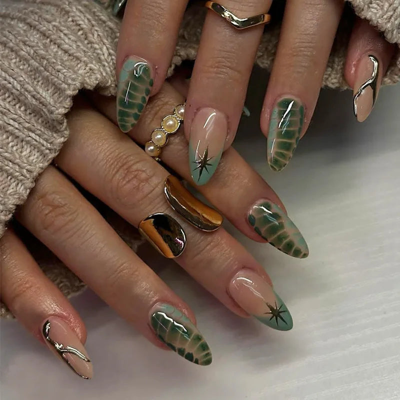 24Pcs Dark Press on Fake Nails with Black Glitter