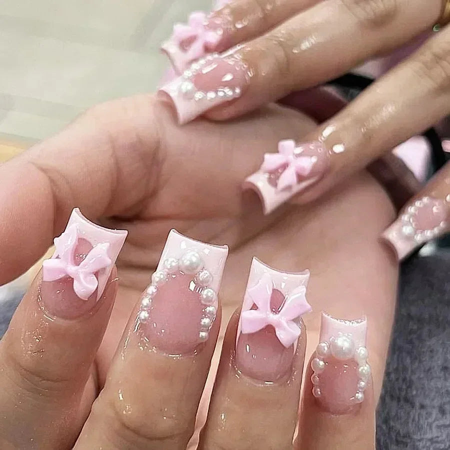 24pcs Press on Nails Short Almond Bowknot Black Press on Nails