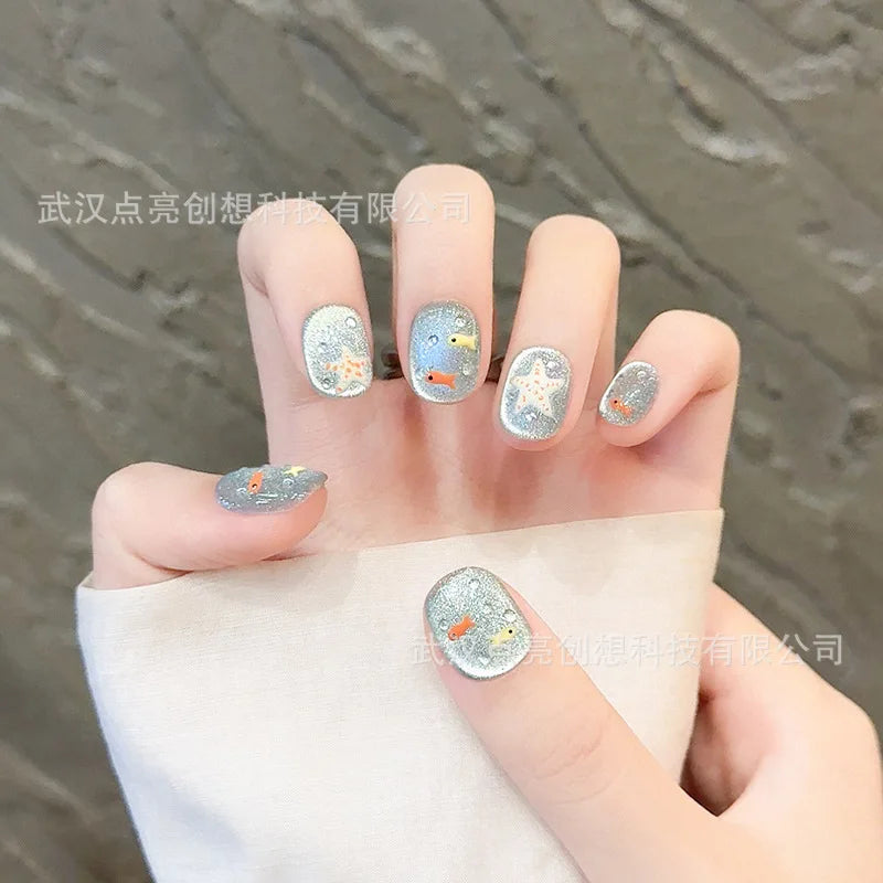 Handmade Press-On Nails Blue Glossy Fish & Bubbles Design